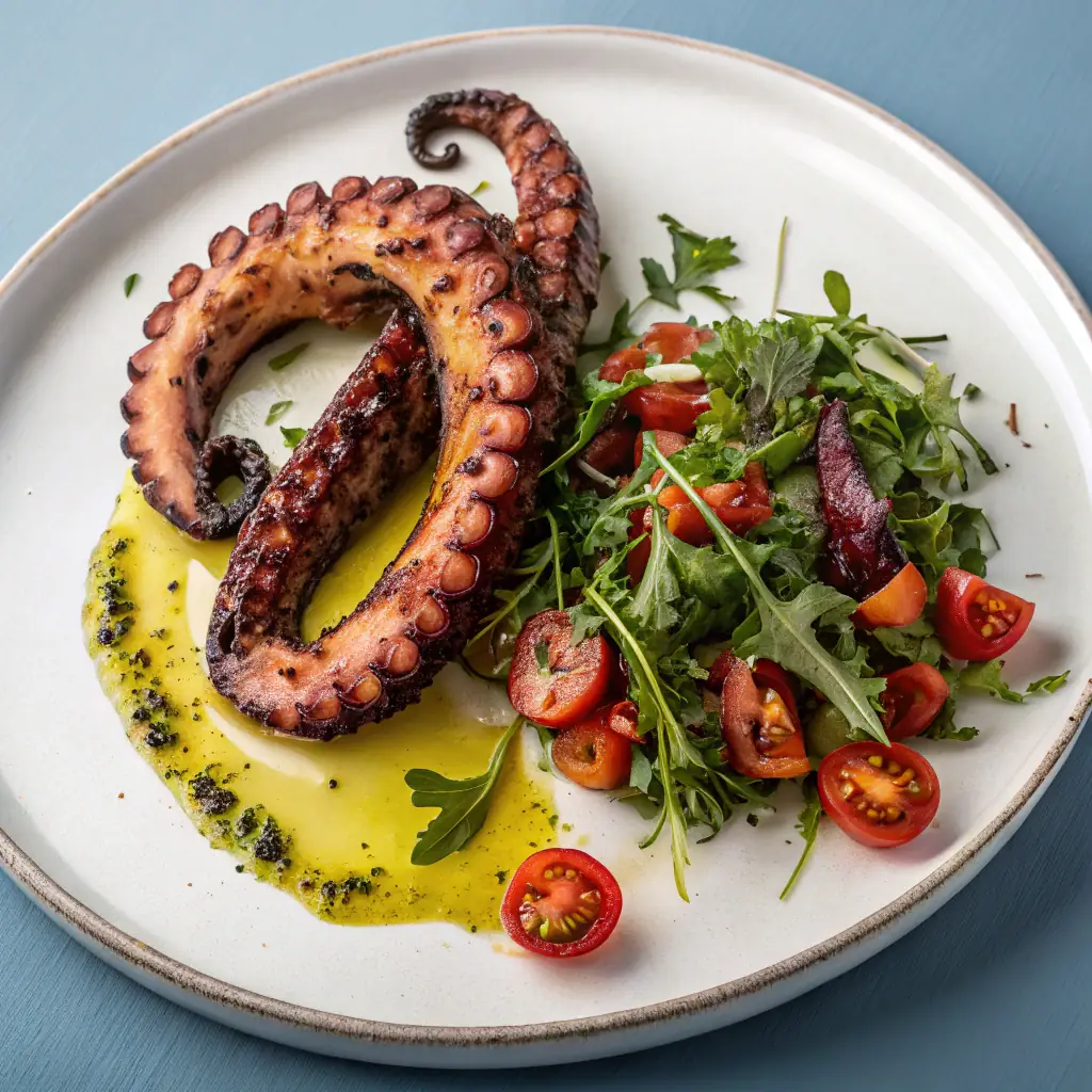 A plate of grilled octopus, tender and slightly charred, garnished with lemon wedges and herbs.