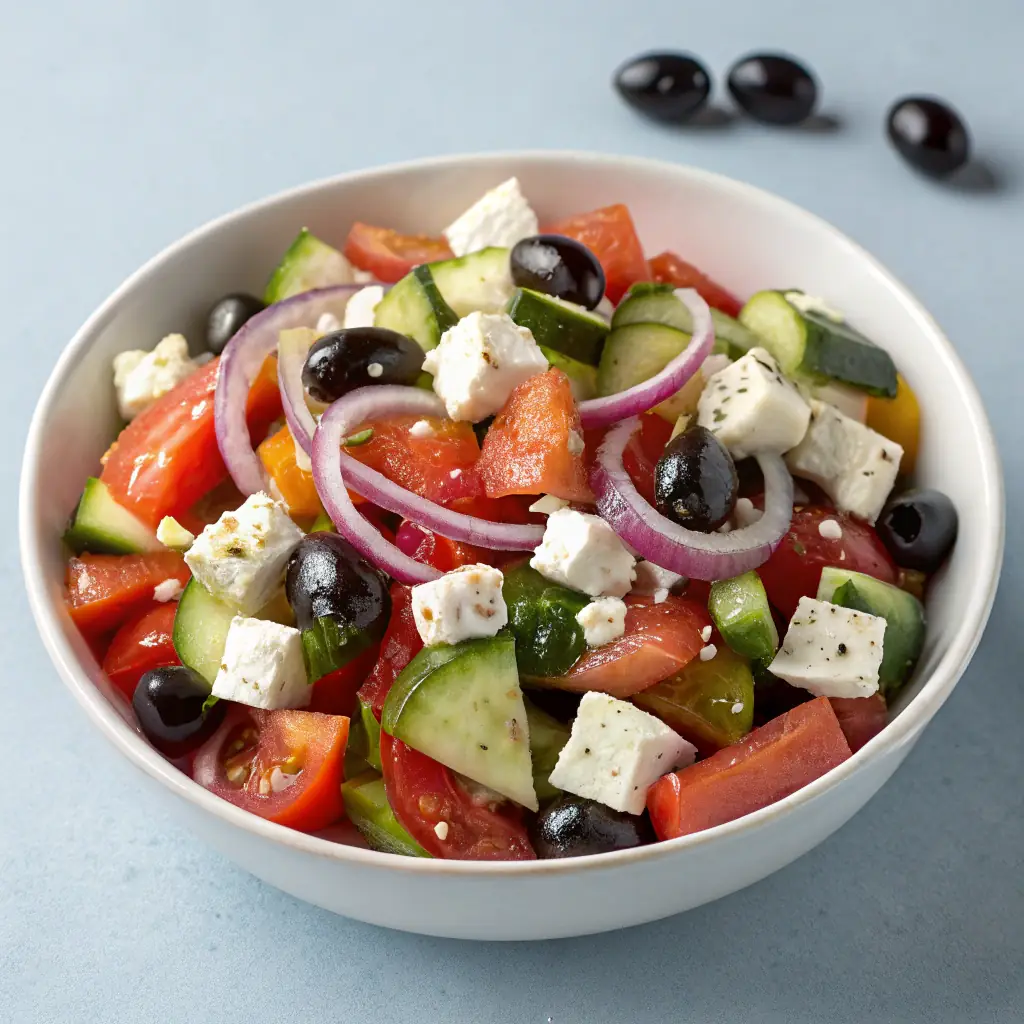 A vibrant Greek salad with fresh tomatoes, cucumbers, onions, olives, and feta cheese, drizzled with olive oil and oregano.