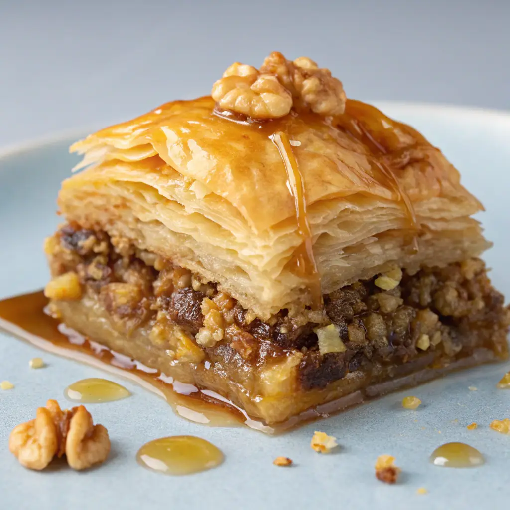 A slice of baklava, showcasing the flaky layers of phyllo pastry, filled with chopped nuts and soaked in honey syrup.