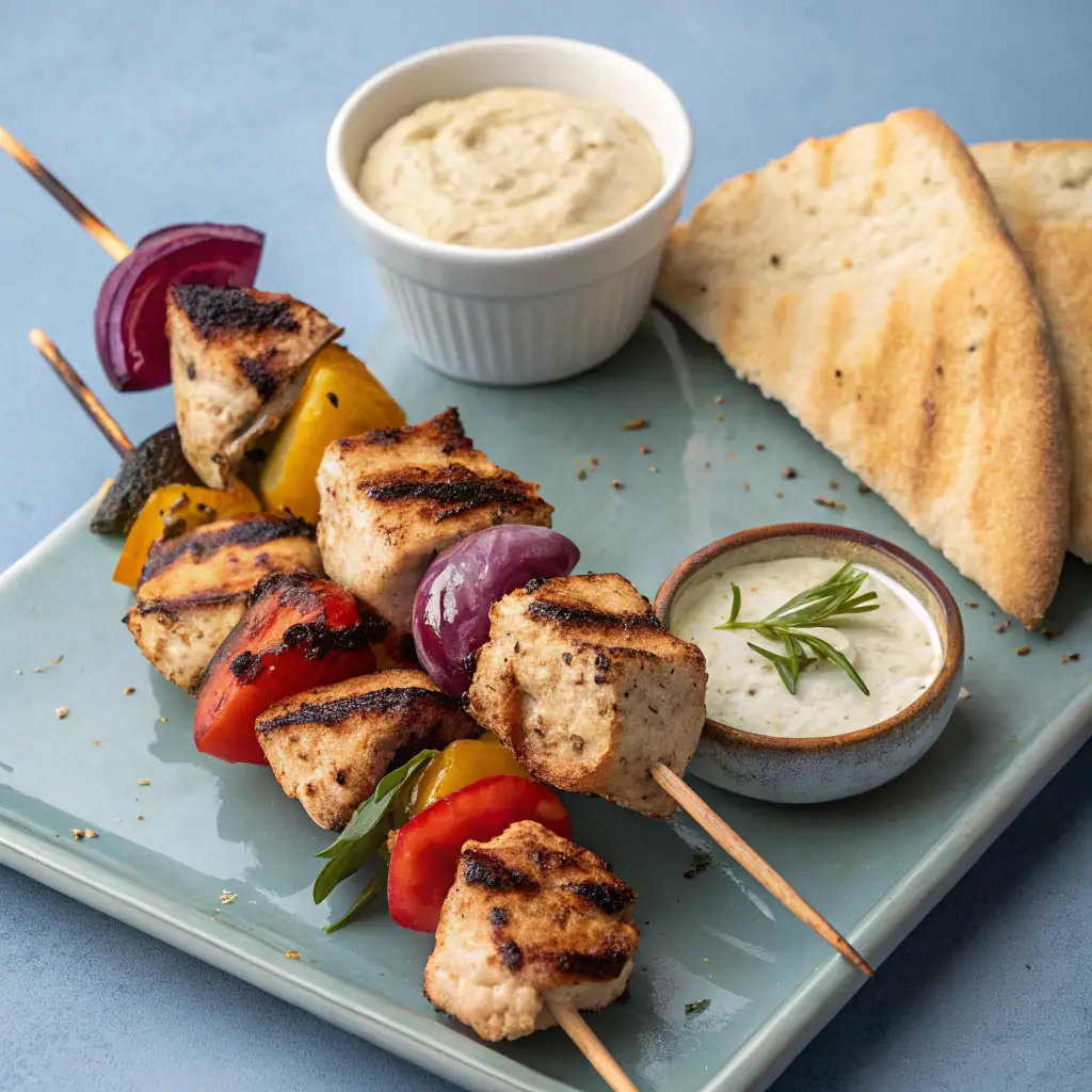 A skewer of chicken souvlaki, grilled to perfection, with visible char marks and a side of tzatziki sauce.