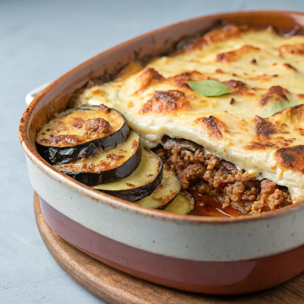 A close-up shot of a plate of moussaka, showcasing the layers of eggplant, meat sauce, and béchamel topping, baked to a golden brown.
